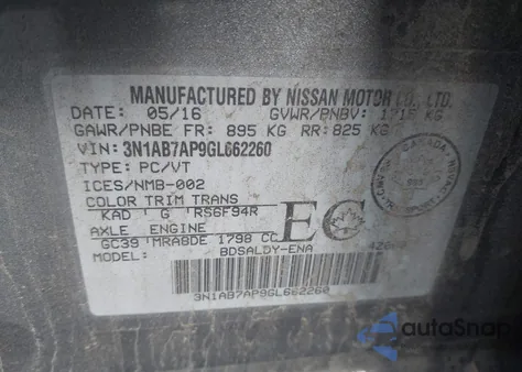 2016 Nissan Sentra Fe+ S/S/Sl/Sr/Sv z USA, uszkodzony, nr VIN 3N1AB7AP9GL662260